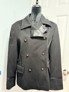 St. John Black Double-Breasted Pea Coat with Gold Buttons